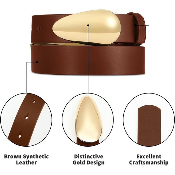 Women Leather Belt Synthetic Brown 35-39L Gold Buckle Casual Formal Accessory - Picture 4 of 6